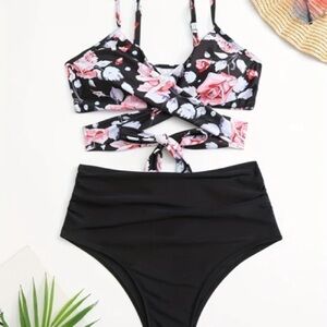 New! Black & Rose Floral Print High Waisted Push Up Bikini XL NWOT Swimsuit SWIM